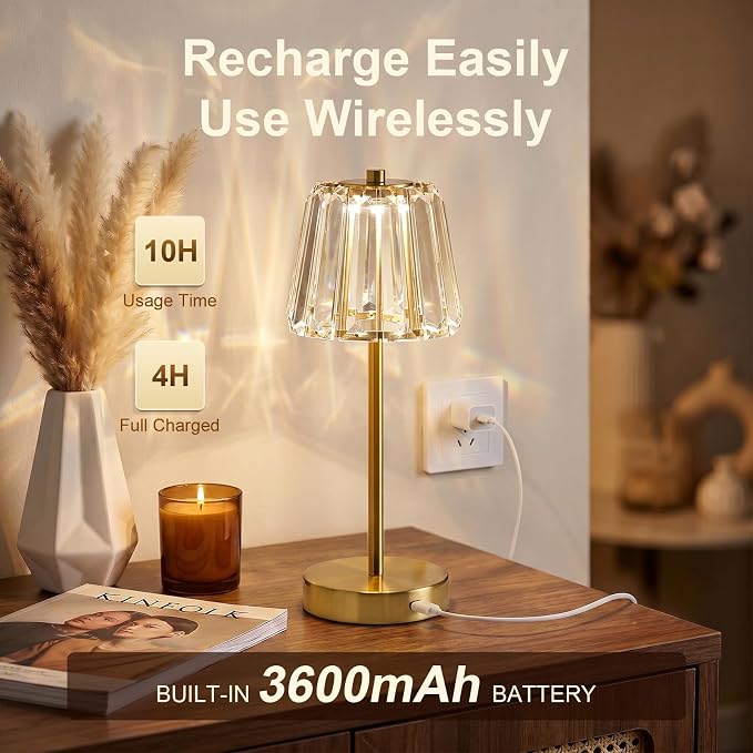 13" Small Crystal Cordless Table Lamp, Touch Rechargeable Desk Lamps | 3 Color Temps, Stepless Dimming, Gold Portable Battery Operated LED Table Lamp for Bedside, Nightstand, Kitchen, Patio, Decor - Image 5