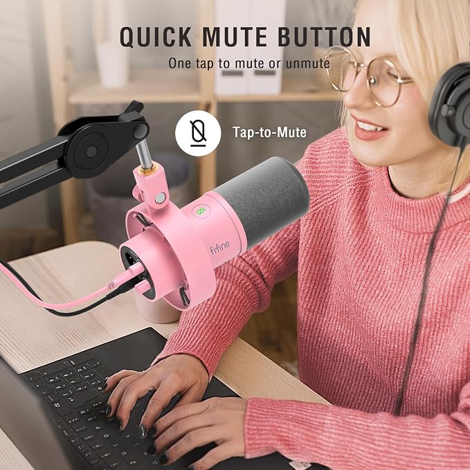 FIFINE AmpliTank K688P XLR/USB Dynamic Microphone, Vocal Podcast Mic | Streaming Microphone with Shock Mount, Mute Button, Gain Knob, Headphones Monitoring, for Recording Voice-Over, Video, Pink - Image 5