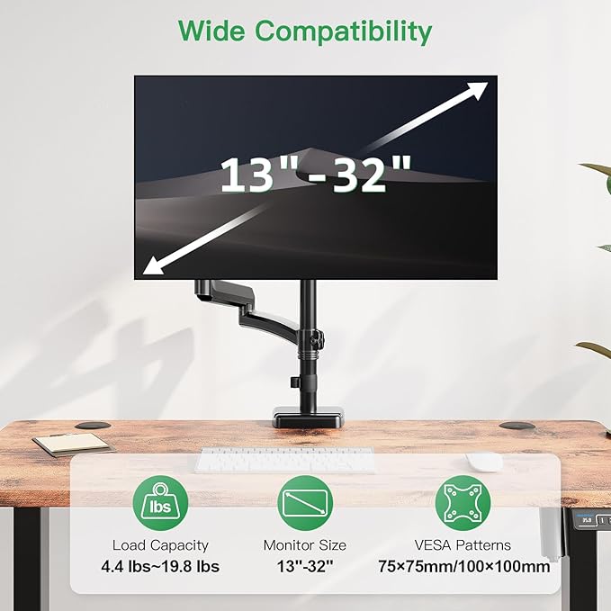 MOUNT PRO Single Long Monitor Arm, 13 to 32 inch Computer Monitor Desk Mount, Extra Long Adjustable Screen Stand, Tall Display Mount with Tilt, Swivel, Rotation, Hold up to 19.8lbs, VESA 75/100mm - Image 4
