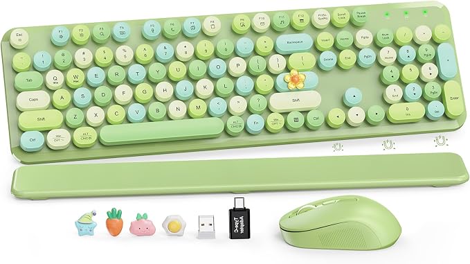 Wireless Keyboard and Mouse Combo, Cute Retro Typewriter Keyboard with Round Keycaps and Magnetic Wrist Rest, Full-Size 2.4GHz Cordless for Mac, Windows PC, Laptop, SABLUTE CK23, Green Multi-Color | Full-Size Typewriter-Style Keyboard, Tilt Legs, 2.4GH... by SABLUTE