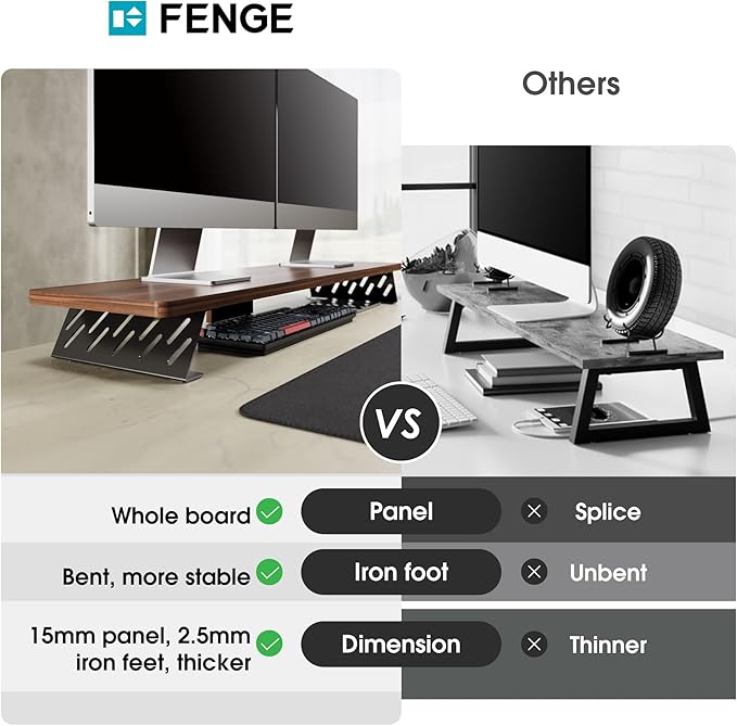Fenge Monitor Stand Riser, Wooden & Metal Desk Shelf Organizer, Brown | 42.5 Inch Dual Monitor Riser for 2 Monitors, Multifunctional Monitor Shelf for Laptop, PC, Printer - Image 3