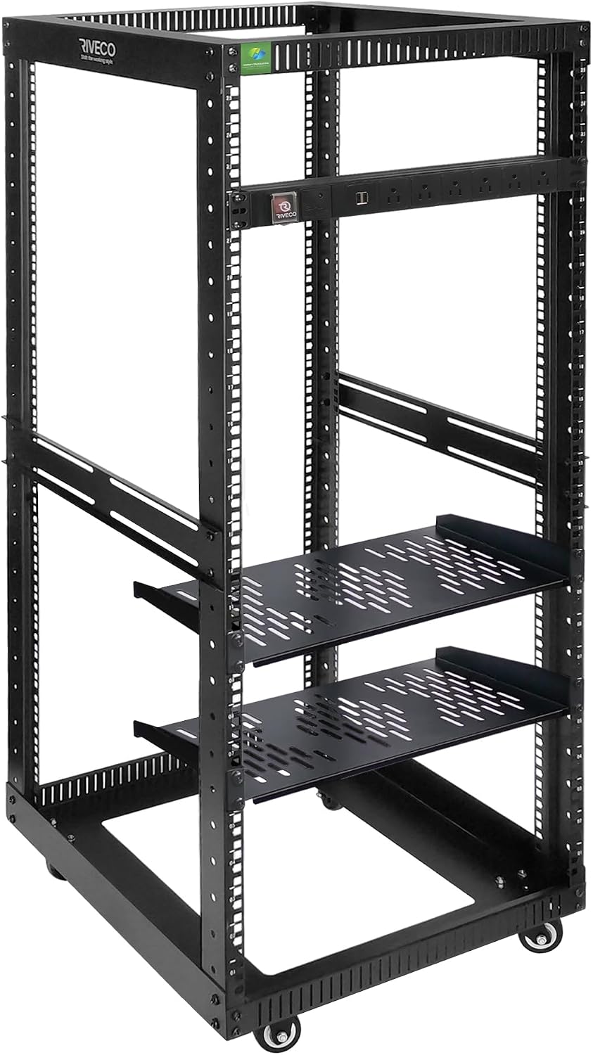 25U Open Frame Server Rack with Wheels + PDU (8 Outlets) Power Strip Surge Protector (2pcs Rack Shelves +1 PDU, 25U) by RIVECO