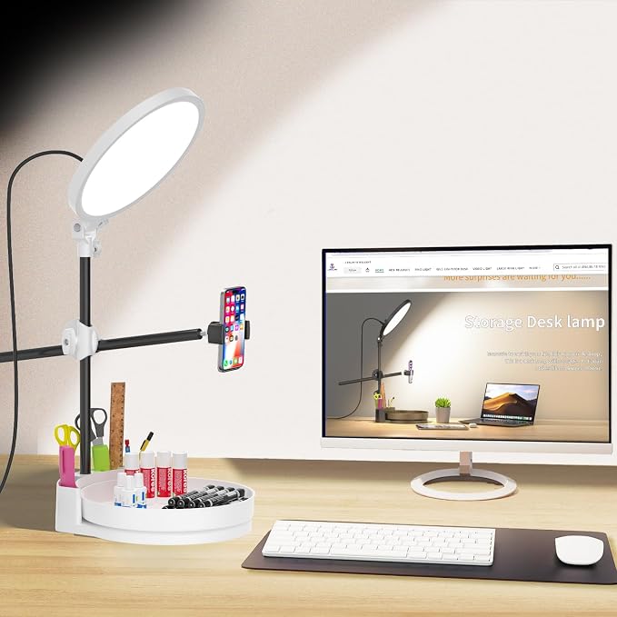Selfie Light Kit for Desk and Laptop,55W Dimmable Full Screen Ring Light,with Rotating Storage Box,Pen Holder Stand,Phone Holder and Controller (White, 10.5) by xianyanbao