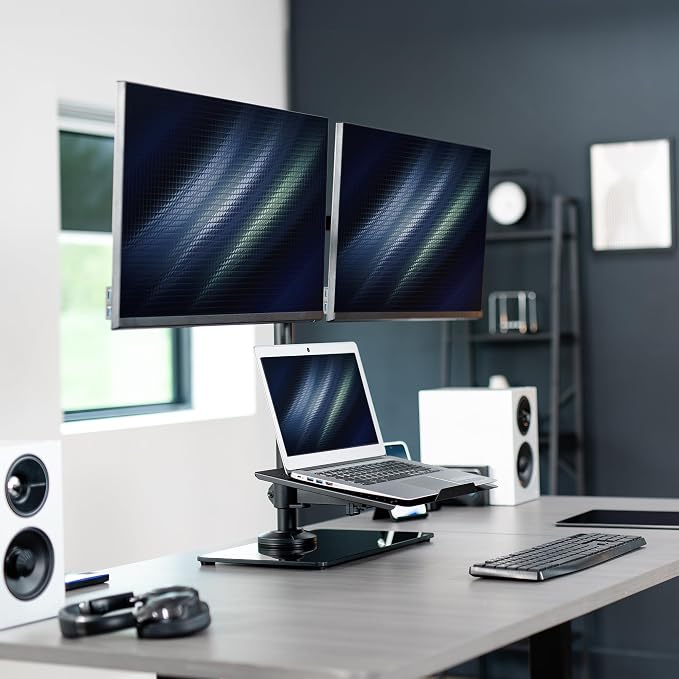 VIVO Freestanding Dual Computer Monitor and Laptop Combo Desk Stand with Glass Base, Fits up to 32 inch Monitors and 17 inch Laptops, Black, STAND-V003FGL - Image 2