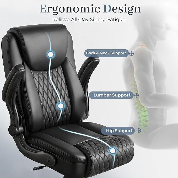 GTPOFFICE Executive Office Chair with Comfortable Lumbar Support, Ergonomic Gaming Chair with Flip-up Armrests & Zoned Pressure-Relief Cushion, Comfy PU Leather Desk Chair, Light Black - Image 6