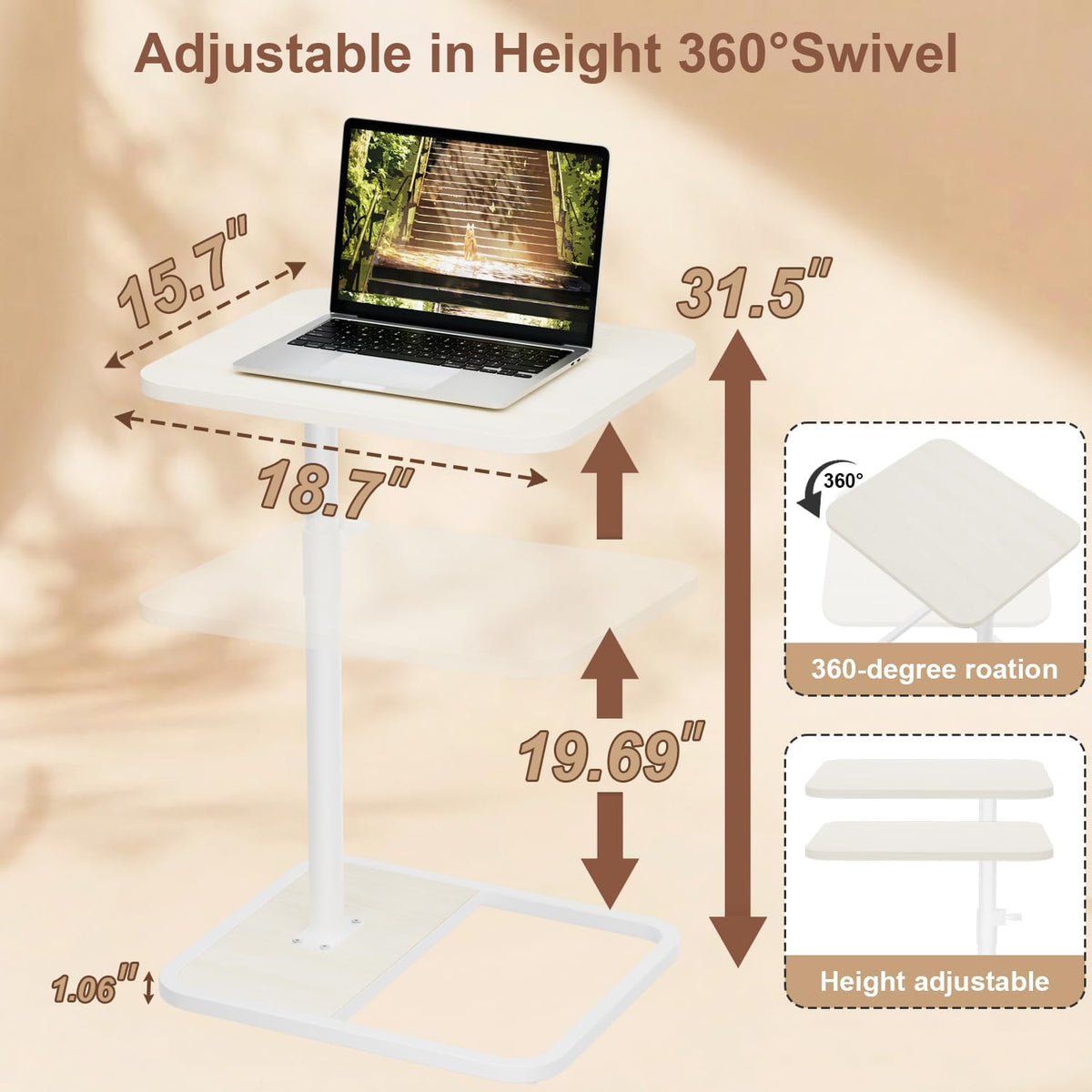 Large TV Tray Table, C-Shaped Side Table with Adjustable Height & Rounded Corners, Snack Table for Couch, Bed or Recliner, for Laptop, Eating & Working, Natural - Image 2