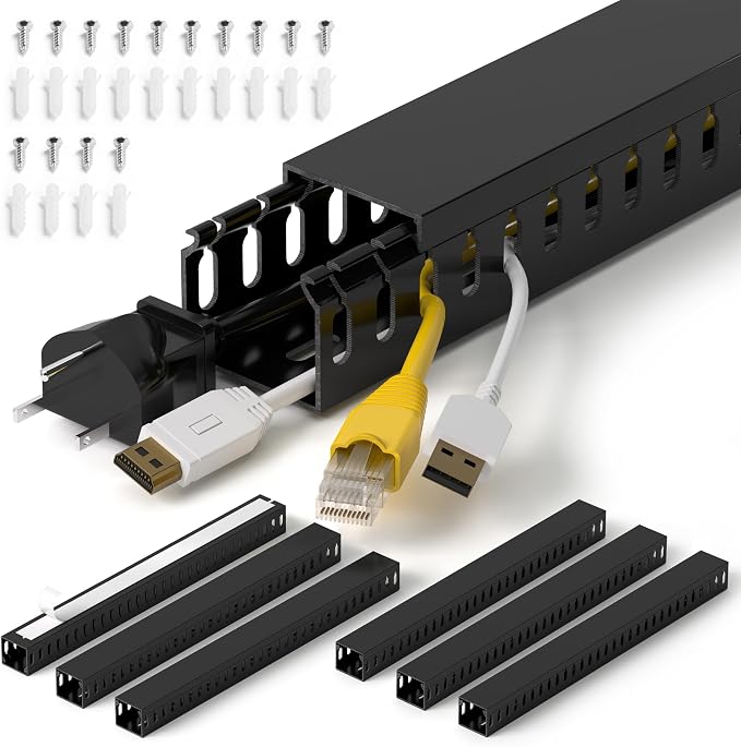 1.4"H x 1.6"W Cable Raceway, 99in Under Desk Wire Management Channel, Black | Slotted Wire Duct, 6Pack, 16.5in Each, Heavy-Duty PVC Cable Management for Server Racks, Network Cables & Electrical Cabinets by ZhiYo