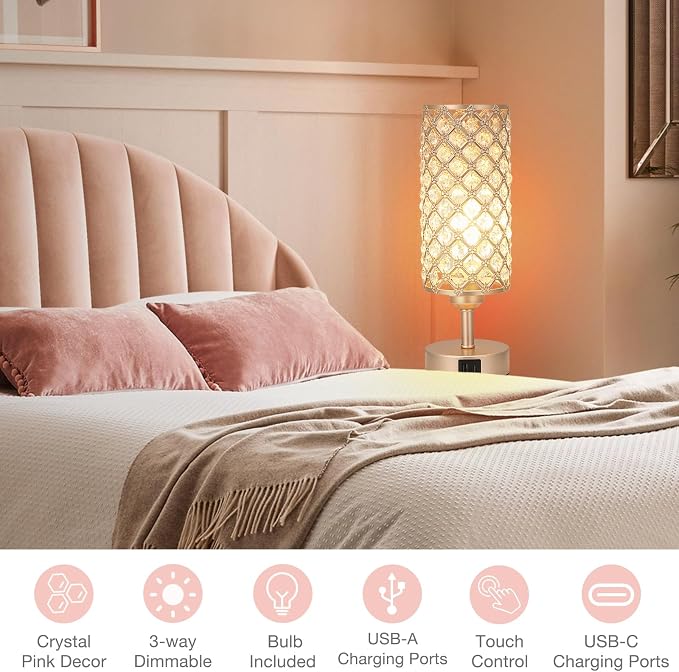 Crystal Table Lamp, 3 Way Dimmable Touch Lamps for Night Stands, Champagne | Champagne Gold Bedside Lamp, Nightstand Lamp for Bedroom (Bulb included) - Image 6