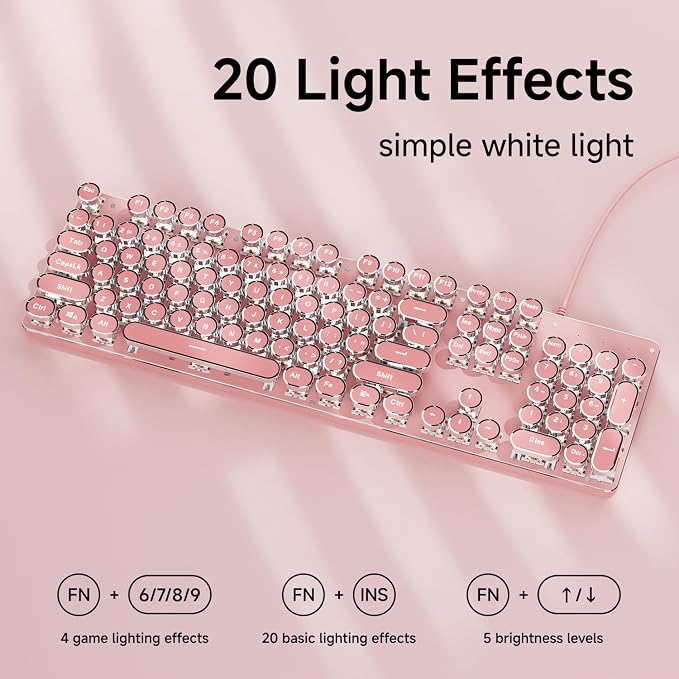 SEUNKWANG Typewriter Style Mechanical Gaming Keyboard with White Backlit, Wired Retro Punk Computer Keyboard Durable Metal Panel, Clicky Blue Switch, Round Keycaps, Full-Size for PC/Desktop/Win, Pink - Image 3