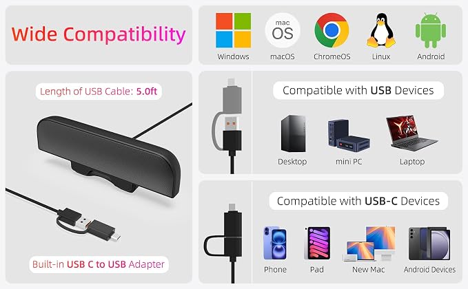 Computer Speakers for Desktop PC, Monitor Speakers, USB Plug-in, Wired, External Speaker for Laptop, Small Computer Soundbar for PC, with Loud Sound, Deep Bass, USB-C Adapter, Easily Clamp to Monitor - Image 5