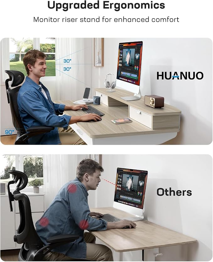 HUANUO 48 x 30 inch Electric Standing Desk with 2 Wood Drawers, Adjustable Height Sit Stand Desk for Home Office, Ergonomic Stand up Desk with 4 Memory Presets, 176 lbs Capacity, Natural Top - Image 7