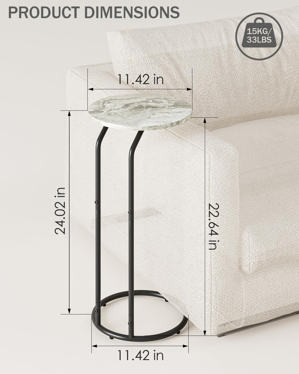 C-Shaped End Table, Small Side Table for Couch, Marble and Black - Image 2