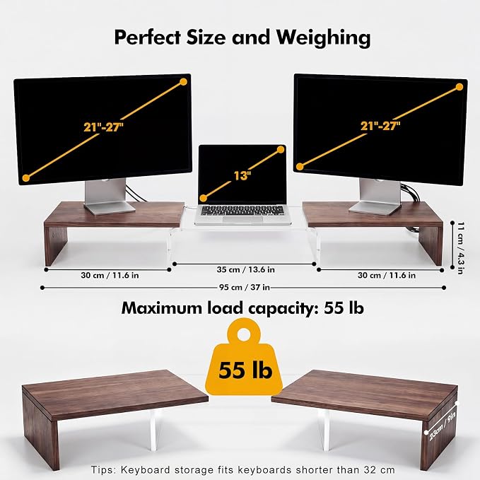 High-Clarity Dual Monitor Riser, Acrylic Monitor Riser, Adjustable Angle & Length Computer Monitor Stand, Wide Desk Shelf for Top of Desk for Home Office_Walnut Look Small - Image 3