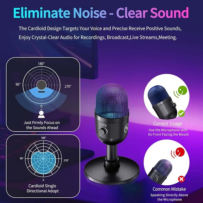 USB Gaming Condenser Microphone for PC/Desktop,192kHz/24Bit,Noise Cancellation,Monitoring,Quick Mute & RGB Lighting,USB PC Mic for Laptop,Podcast,Streaming,Recording Black - Image 6
