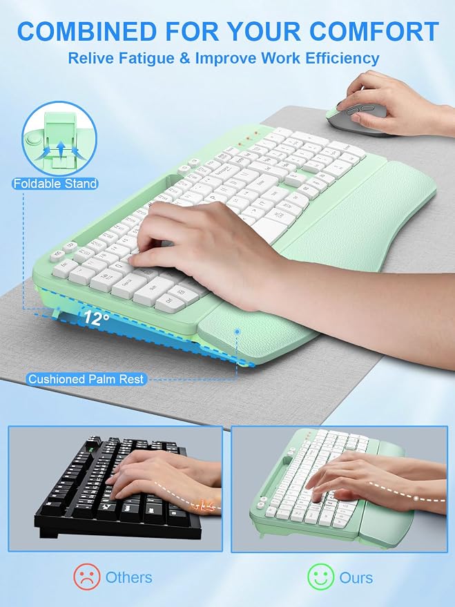Hayyiesh Ergonomic Wave Keys Wireless Keyboard and Mouse Combo, Full Size with Memory Foam Wrist Rest & Phone Holder, 2.4G Cordless Set with USB-C Adapter for Windows Mac Desktop Laptop (Mint Green) - Image 4