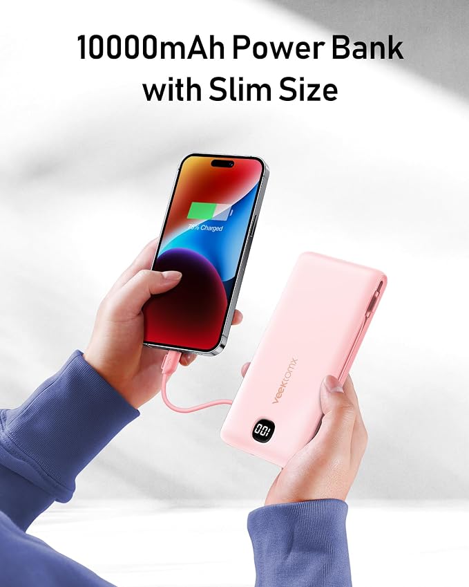 VEEKTOMX 10000mAh Portable Charger with Built-in Cables & Wall Plug | Fast Charging Slim USB-C Power Bank for iPhone, Samsung, iPad | 5 Outputs, Charges 4 Devices, ETL Certified, Pink - Image 7