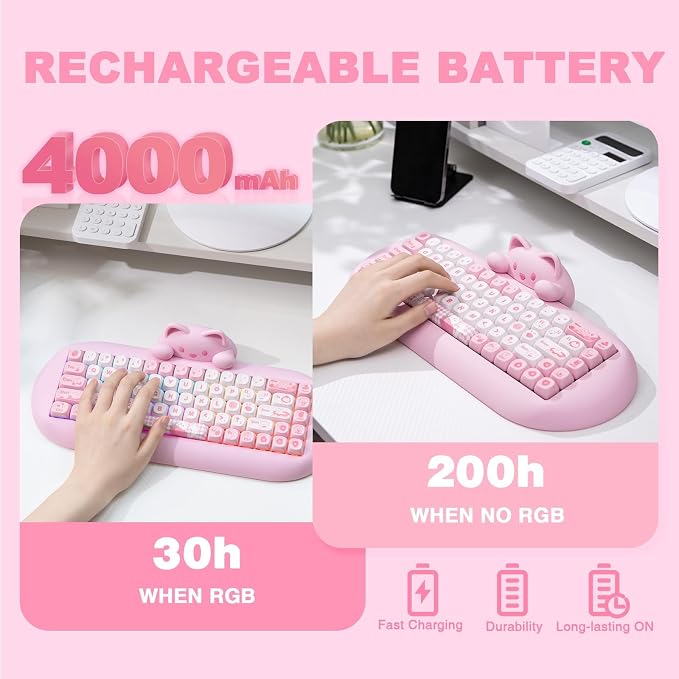 YUNZII C68 Silicone Cute Cat Mechanical Keyboard (Pink, Cocoa Cream Switch) | Wireless Triple Mode BT5.0/2.4G/Wired, RGB Backlit NKRO, Cute Cat Silicone Ergonomic Design for Win/Mac - Image 8