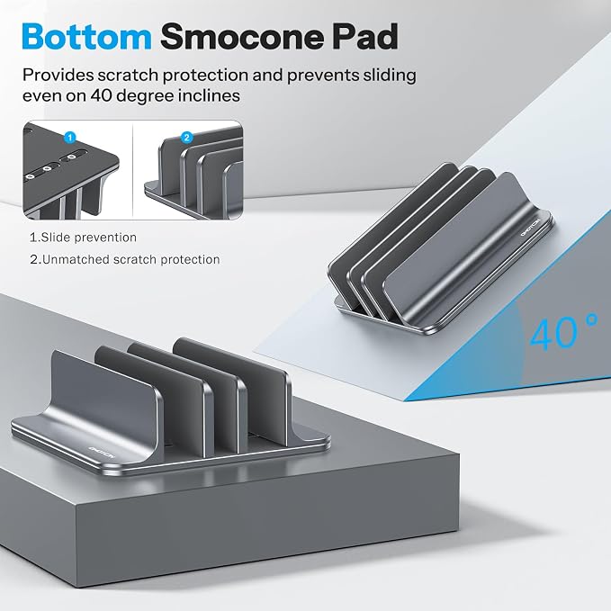 OMOTON 3-Slot Multiple Vertical Laptop Stand, Fits All MacBook, Grey | Adjustable Width 0-1.38", Aluminum Office Space-Saving for Desk, Fits MacBook/Book/iPad Up to 17.3in - Image 4