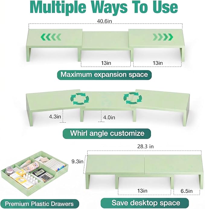 Dual Computer Monitor Stand Riser, Desk Organizer with Drawer, Office Desk Accessories & Workspace Organizers for Home Office Supplies, Green - Image 7
