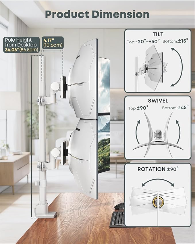 Dual Ultrawide Monitor Mount for 24-57'' Screens, Max Load 59.4 lbs per Arm | Vertically Stacked, Heavy Duty, Aluminum, Fully Adjustable, Topside Clamp/Grommet Mounting, VESA 75/100 mm, White - Image 5