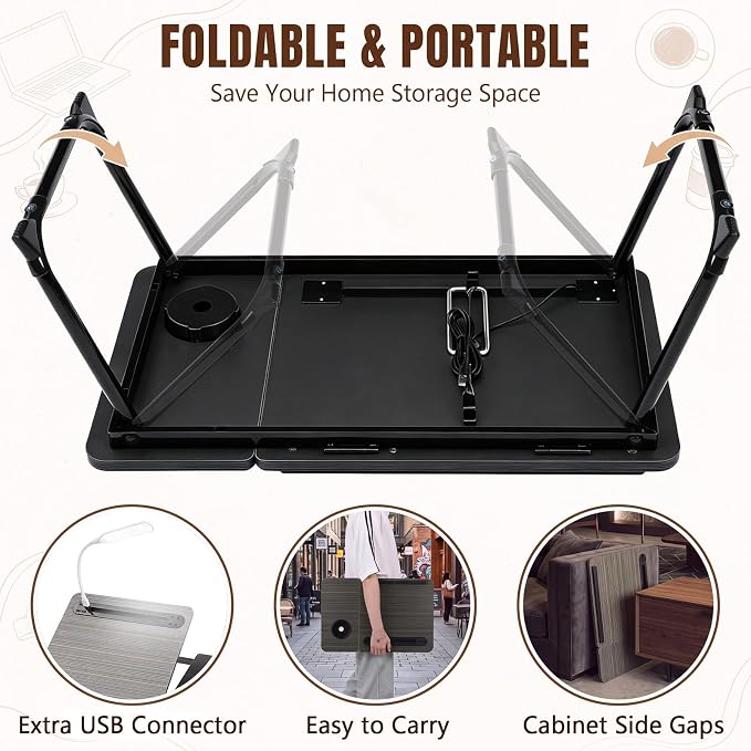 Nuanchu Black Gold Thread 2 Pcs 23.6 in Laptop Desk for Bed with Adjustable Stand, Lap Desks for Adults, Bed Tray with Drawer & Phone Holder, Dorm Room, College Dorm (5 Gears) - Image 3