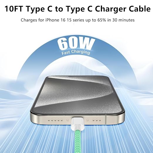 USB C to C Charger Cable 10ft, 60W Type C to C Fast Charging Cable Cord Long for Apple iPhone 17 Pro Max/17 Air/16 Pro Max/16 Pro/15 Plus/15 Pro Max/MacBook 2021/2020/2019,iPad Pro/Mini/Samsung Galaxy - Image 3