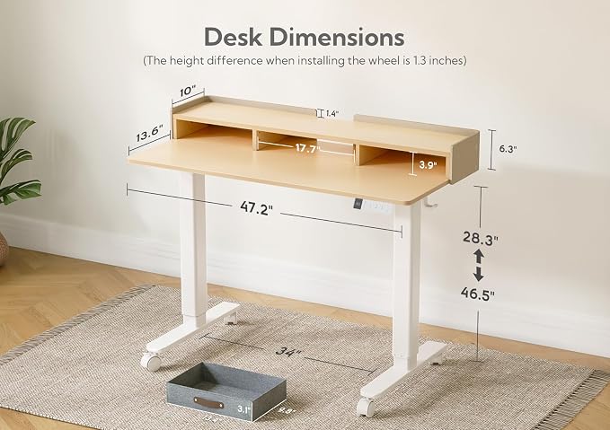 Claiks Standing Desk with Drawers & Wheels, 2 Height Shelf 48" Natural | 2 height adjust shelf, tabletop drawers, felt fence design, sturdy supports 176 lbs, 4 wheels, 2 tire monitor stand - Image 3