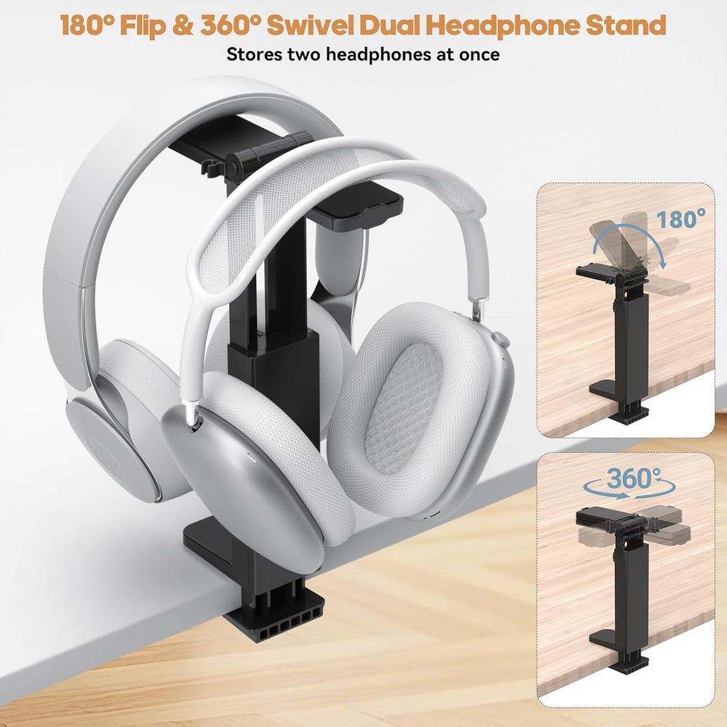 Dual Headphone Stand for Desk, 360° Rotatable & 180° Flippable Holder - Image 2