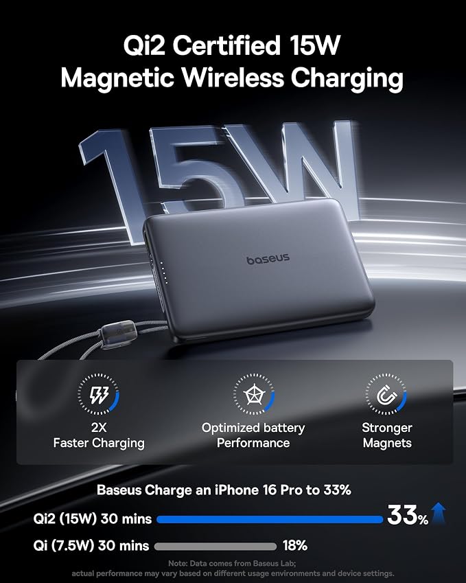 Baseus Picogo Qi2 15W Magsafe Portable Charger, 0.5" Ultra Slim 10000mAh Wireless Power Bank with 27W Built-in USB-C Cable, Magnetic Battery Pack for iPhone 17 Pro Max/17 Pro/Air/16/15/14/13/12 | 10000mAh Wireless Power Bank, 27W Fast Charging Magnetic... - Image 3