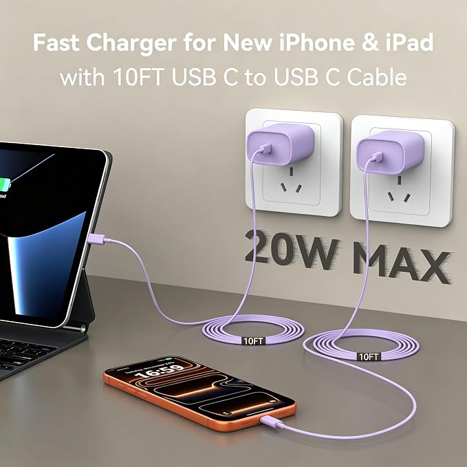 Phone 17 16 15 Charger Fast Charging, 10 FT Long USB C Charger Cord with 20W Type C Fast Phone Charging Block forPhone 17/17 Pro/17 Pro max/Air/Phone 16 15 Pro Max Plus, iPad, Android, Lavender - Image 3