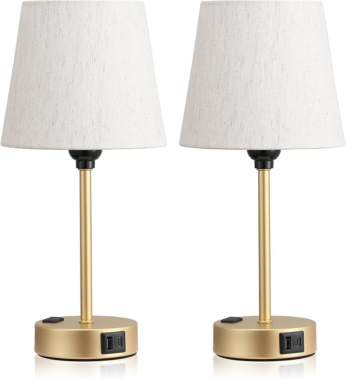 Gold Bedside Lamps Set 2 for Bedroom - Dimmable Touch, USB C+A, AC Outlet | 14.5" Mini Lamp, 3-Way Dimmable, LED Bulbs Included, Cream Barrel Fabric Lampshade, Nightstand Light for Guest Room, Kids - Image 9