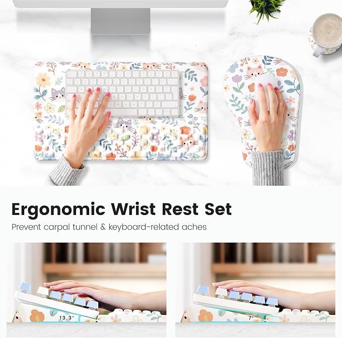 Ospelelf Keyboard Wrist Rest and Mouse Pad Set, Ergonomic Memory Foam Wrist Support, Aesthetic Desk Accessories for Office, Home & Gaming, Relief for Carpal Tunnel & Wrist Pain,Floral Cat - Image 4