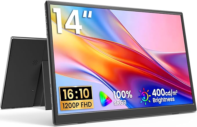 Yxk Portable Monitor 14 Inch 1200P 60Hz IPS HDR Ultra-Slim Travel Monitor with Dual Speakers USB-C HDMI Second Screen for Laptop PC Mac Phone Xbox PS4/5 Switch, VESA Kickstand, Zero Frame Gaming by Yxk