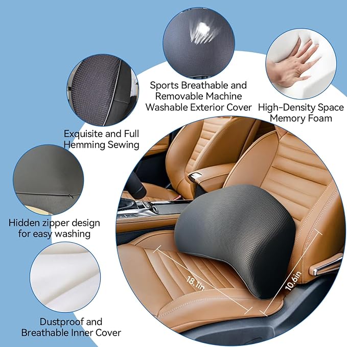 Lumbar Support Pillow for Car, 100% Memory Foam Lumbar Pillow for Car Seat | Lumbar Support with Breathable Removable Cover, Ergonomic Design - Back Pillow Lumbar Support Pillow for Back Pain Relief - Image 7