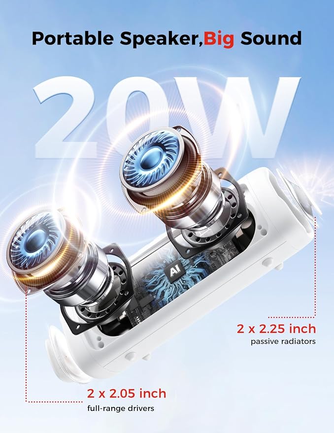 Bluetooth Speaker, 20W HD Sound, Portable Wireless, IPX5 Waterproof, Up to 24H Playtime, TWS Pairing, for Home/Party/Outdoor/Camping/Beach Essentials, Electronic Gadgets, Birthday Gift (White) - Image 2