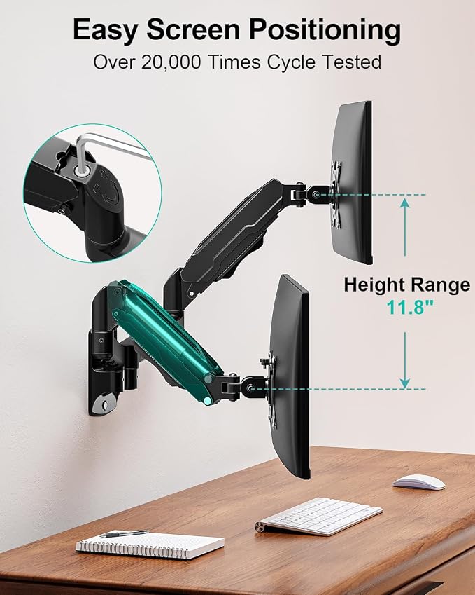 MOUNT PRO Dual Monitor Wall Mount for 13 to 32 Inch Screens, Wall Monitor Arm for 2 Monitors, Each Holds Up to 19.8lbs, Full Motion Wall Monitor Mount with VESA 75x75/100x100, Home Office Setup - Image 6