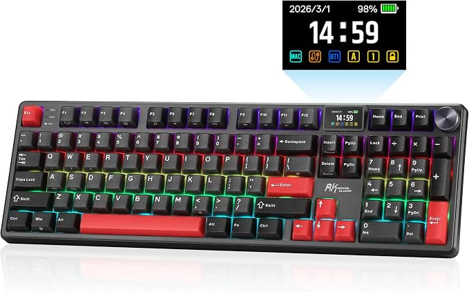 RK ROYAL KLUDGE S104 Wireless Mechanical Keyboard with Screen & Metal Knob | 101 Keys Full Size Top Mount RGB Gaming Keyboard, 8000mAh Battery, Tri-Mode BT/2.4GHz/USB-C, Hot Swap Custom Linear Switch by RKROYALKLUDGE