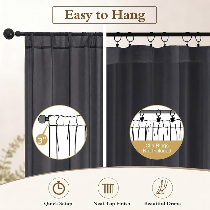 Black Sheer Curtains 84 Inches Long 2 Panels for Living Room 52" W | Sheer White Curtains for Bedroom, Elegant Airy Light Filtering Window Treatments, Rod Pocket, 2pcs Each Panel 52" W x 84" L - Image 6