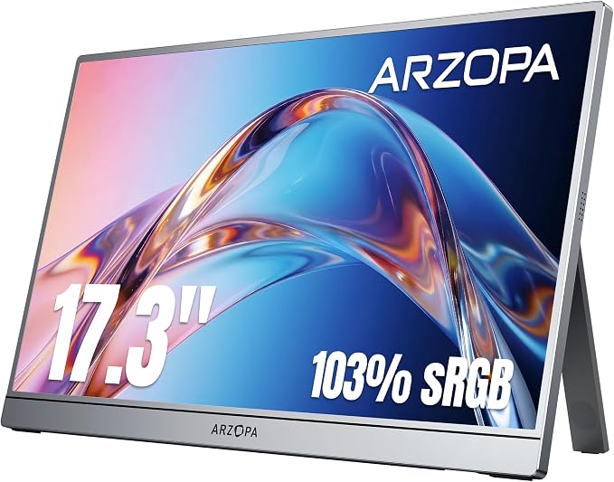 ARZOPA 17.3" Portable Monitor Gray, 1080P FHD IPS 103% sRGB - Z1C Plus | Laptop Gaming Monitor with Built-in Kickstand HDMI USB C External Screen for PC Mac Phone Xbox PS5 by ARZOPA