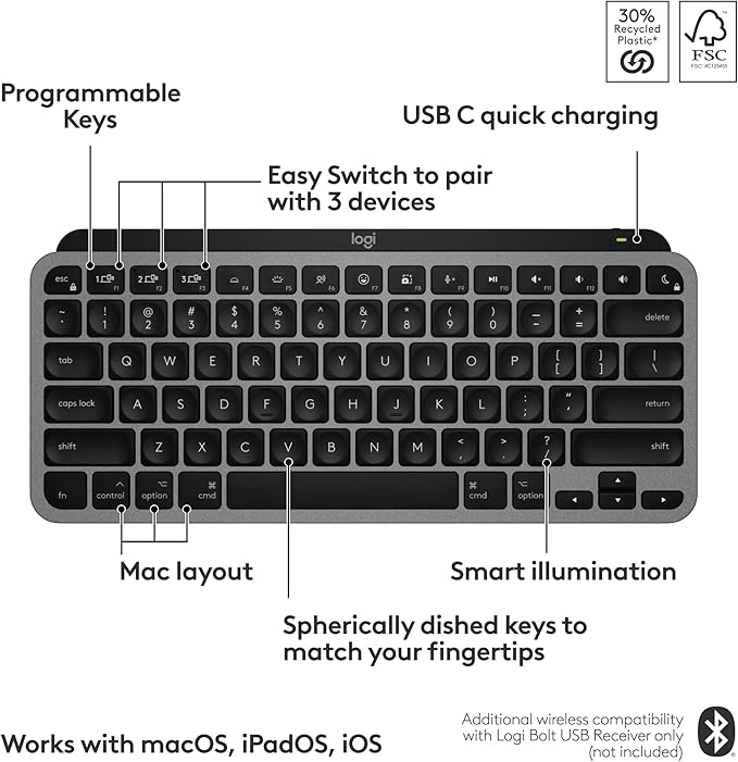 Logitech MX Keys Mini for Mac Minimalist Wireless Keyboard - Space Grey | Compact, Bluetooth, USB-C, tactile typing, compatible with MacBook Pro, MacBook Air, iMac, iPad - Image 7
