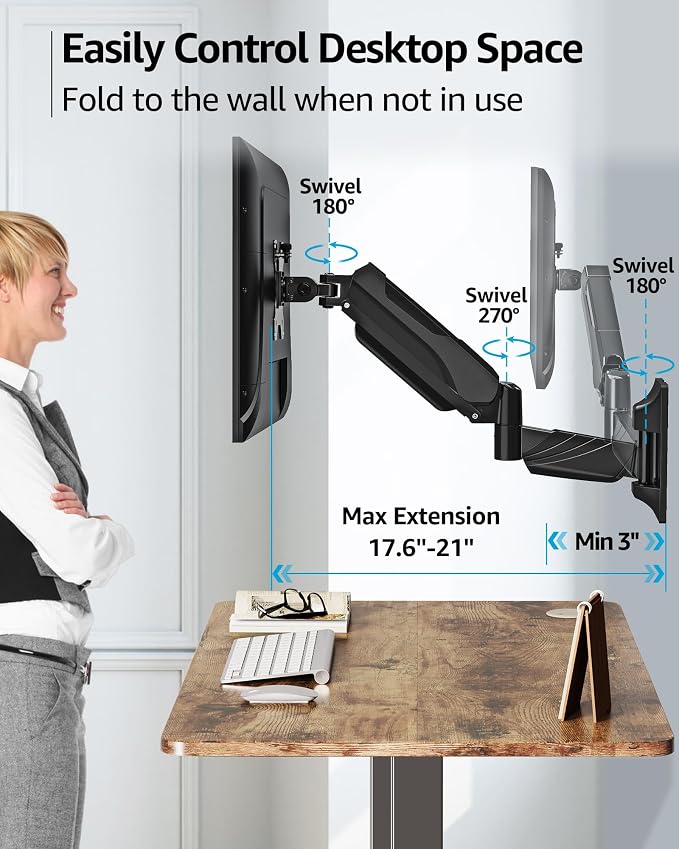 MOUNTUP Monitor Wall Mount for 17-32 Inch Computer Screen, Wall Mounted Arm Support 4.4-17.6lbs Display, Computer Monitor Arm, VESA Bracket for VESA 75x75mm and 100x100mm, Black - Image 3