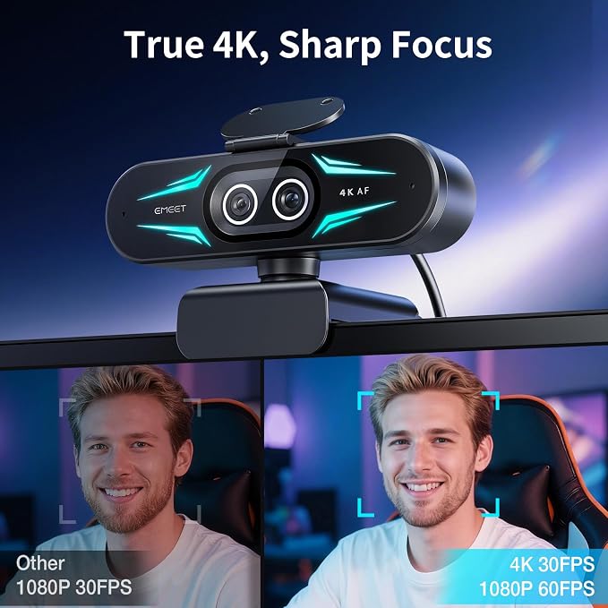 EMEET C60E Dual-Camera 4K Webcam for Streaming, Wide-Angle & Telephoto | Max 11X Hybrid Zoom & PDAF Autofocus, Remote Control, RGB Lighting, 2 Mics, Ideal for Livestreaming and Online Meeting - Image 2