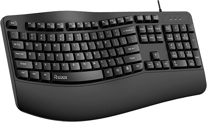 RECCAZR Ergonomic Keyboard, Wired Computer USB Keyboard with Wrist Rest | Spill-Resistant, Wave Keys for Natural Typing, Compatible with Windows/PC/Laptop(Black) by RECCAZR