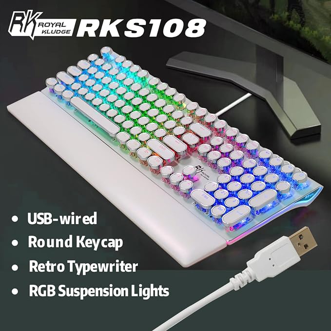 RK ROYAL KLUDGE S108 Typewriter Mechanical Keyboard, Full RGB Gaming Keyboard, Wired PC Game Keyboards with Detachable Wrist Rest and Number Pad, Retro Round Keycaps, Brown Switch White - Image 2