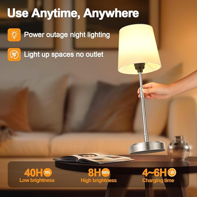 Cordless Table Lamps Set of 2 – Battery Operated Lamp with 7500mAh Rechargeable Battery, Stepless Dimmable Vintage Brushed Nickel Touch Desk Lamps for Dining Room, Nightstand & Patio (Bulbs Included) - Image 5
