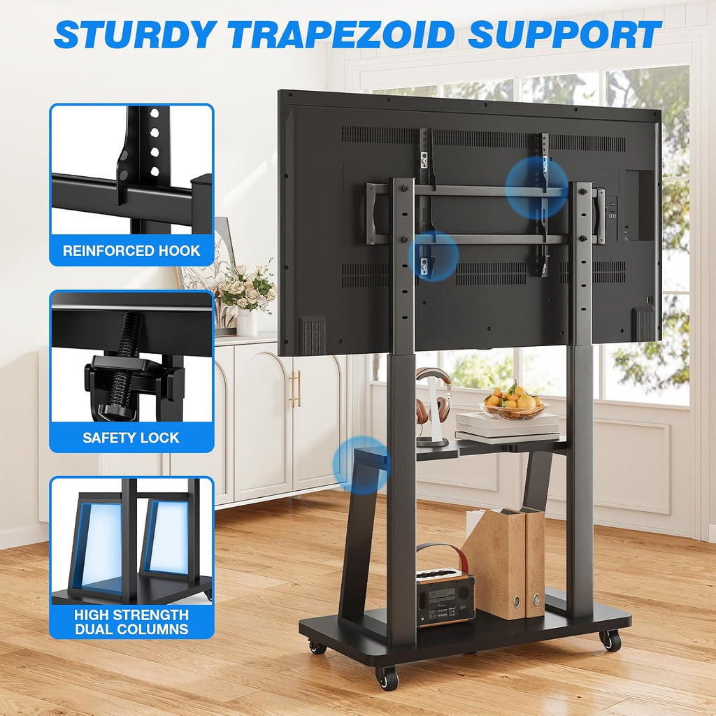 Rfiver Mobile TV Cart Rolling TV Stand for 40-86 inch TVs Up to 200lbs, Heavy-Duty Portable TV Stand on Wheels with 2-Tier Wooden Storage Shelves, Height Adjustable, Max VESA 800x400mm, Black - Image 7