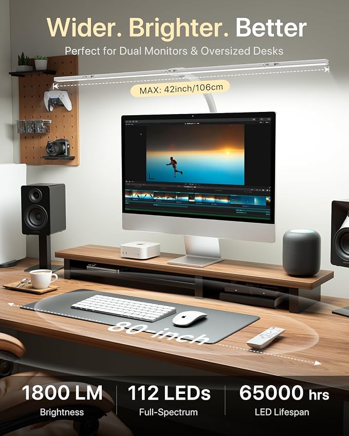 ONEMIX LED Desk Lamp with Clamp, 42-Inch 4-Panel Light for Dual Monitors | 1800 Lumens, 4 Adjustable Panels, 5 Color Temps, 5 Brightness Levels, Remote, Timer, Flicker-Free for Home Office - Image 2