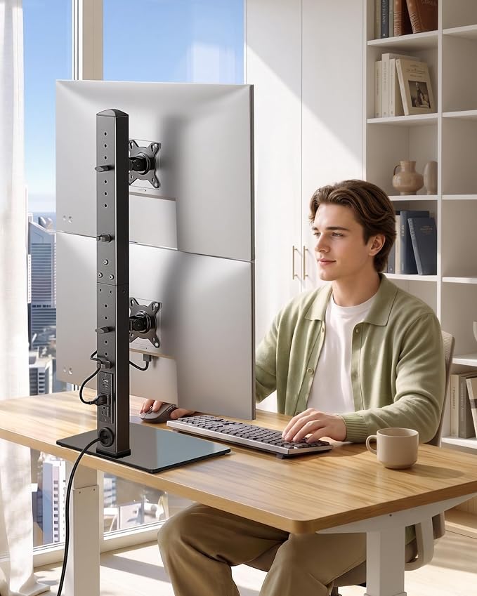 monTEK Powered Stacked Dual Monitor Stand for 17-32", Glass Base | Space-saving vertical monitor mount, stable glass base and integrated power outlet for a clean two-screen workstation - Image 7