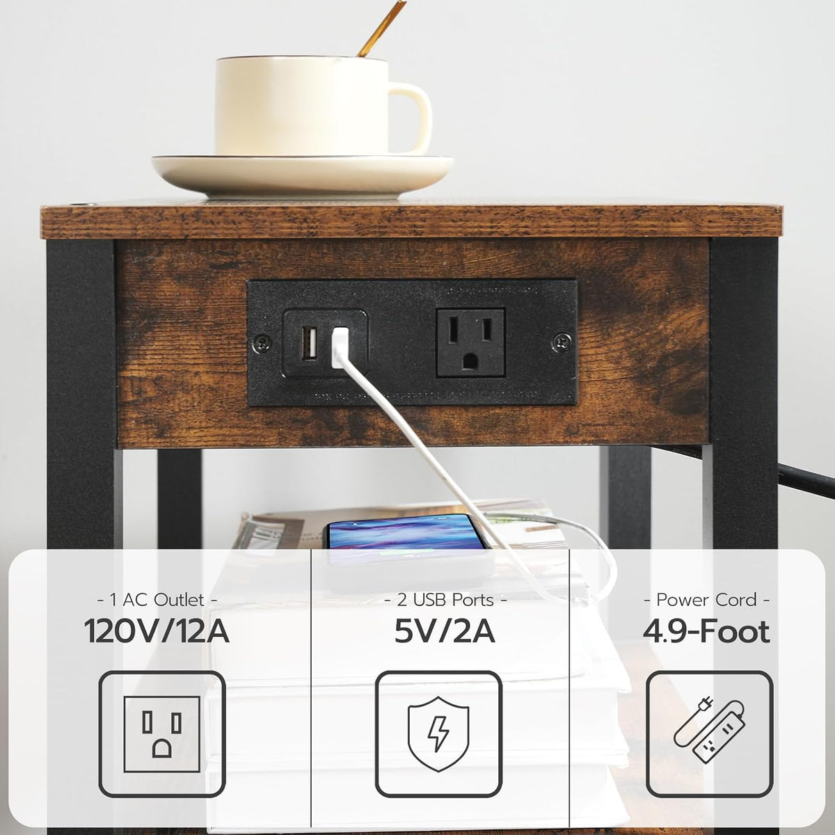 HOOBRO 3-Tier Printer Stand with Charging Station, Under Desk Printer Table, Printer Cart with Storage Shelves, Shelf for Small Spaces, for Home Office, Rustic Brown and Black BF63UPS01 - Image 3