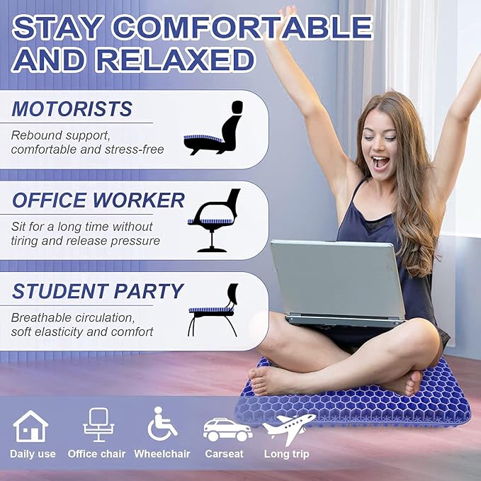 Gel Seat Cushion for Long Sitting, Super Large Gel Cushion for Pain Relief | 19x19inch Large Office Seat Cushion, Breathable Wheelchair Cushion Chair Pads - Relieve Sciatica, Tailbone, Coccyx & Hip Pain - Image 3